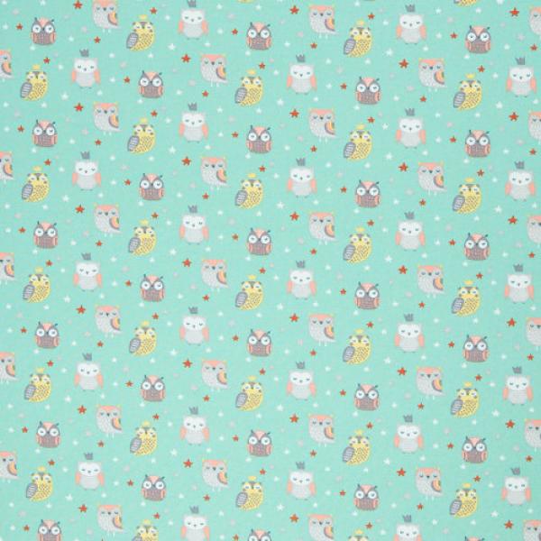 50x70 cm Zuschnitt Baumwolle beschichtet Bunte Eulen auf Türkis by Swafing
